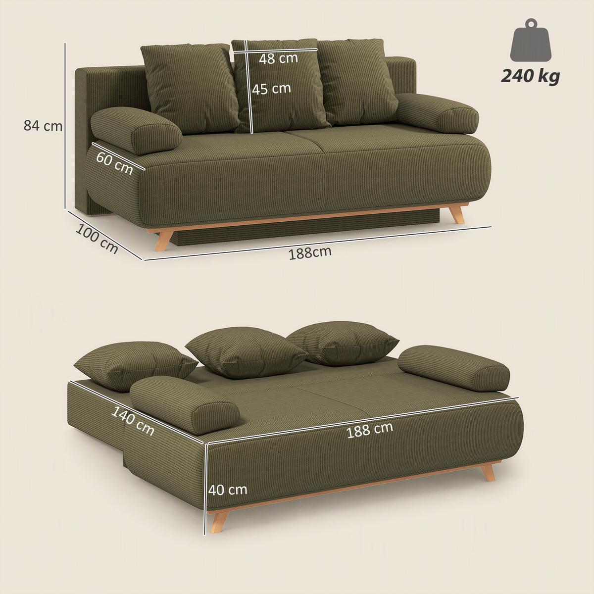 SCHLAFSOFA Cord Dunkelgrün - Dunkelgrün, Kunststoff/Textil (100/84/188cm) - HOMCOM