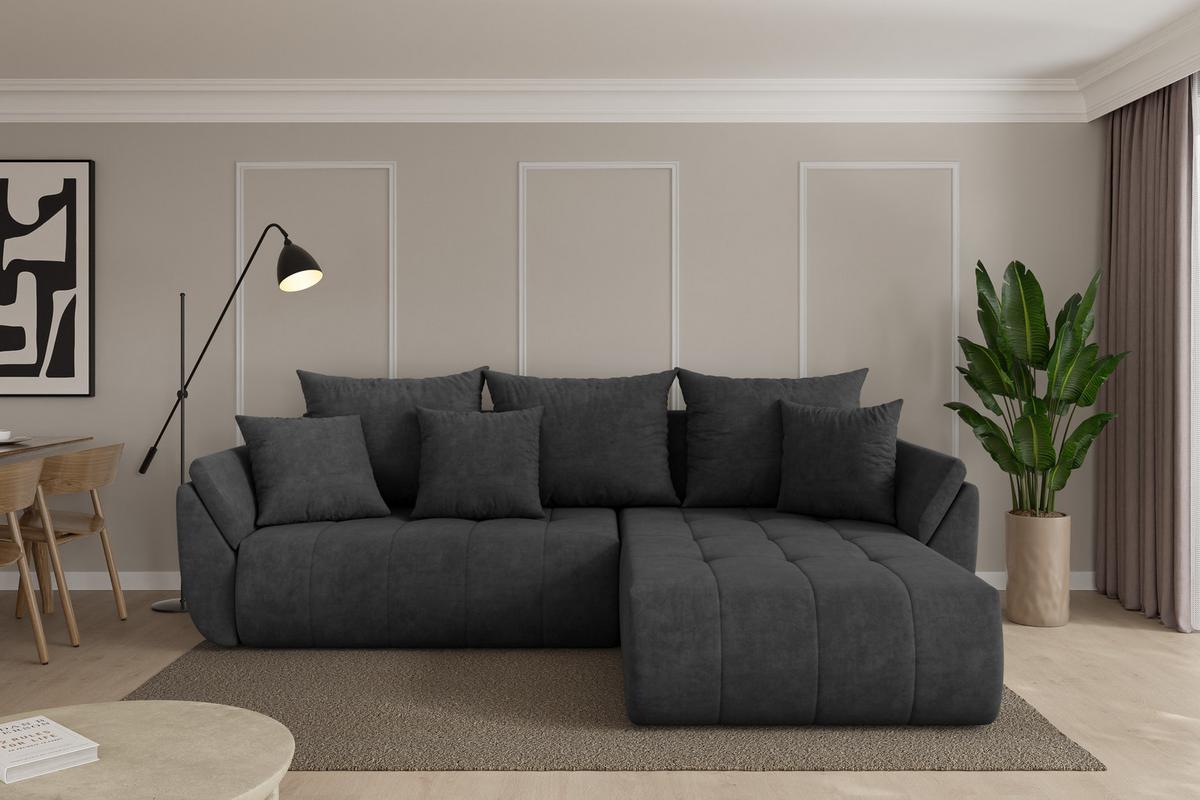 ECKSOFA mit Schlaffunktion Ottomane Rechts TOKO-L 277x194x86 Dunkelgrau Velours - Anthrazit/Schwarz, Holzwerkstoff/Kunststoff (277/194cm) - ALTDECOR