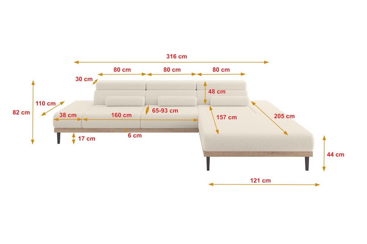 ELEKTRISCHES ECKSOFA Rechts MONA 316x205x85 Beige Bouclé - Greige/Beige, Holzwerkstoff/Textil (316/205cm) - ALTDECOR