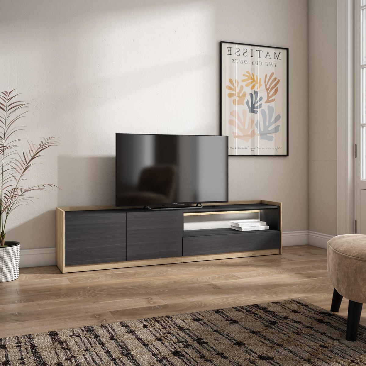 LOWBOARD, Schwarz und Eiche, 207/37/50cm, mit Led - Schwarz, Holzwerkstoff (207/50/37cm) - Skraut Home