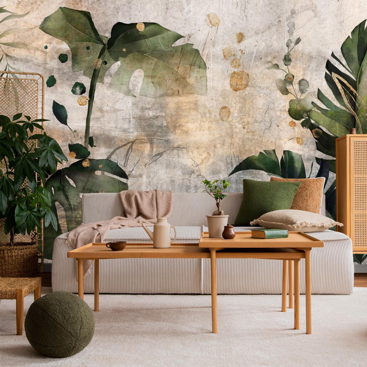FOTOTAPETE für Schlafzimmer Tropisch Monstera Aquarell Retro 150x105 - Beige/Orange, Papier (150/105cm) - Muralo