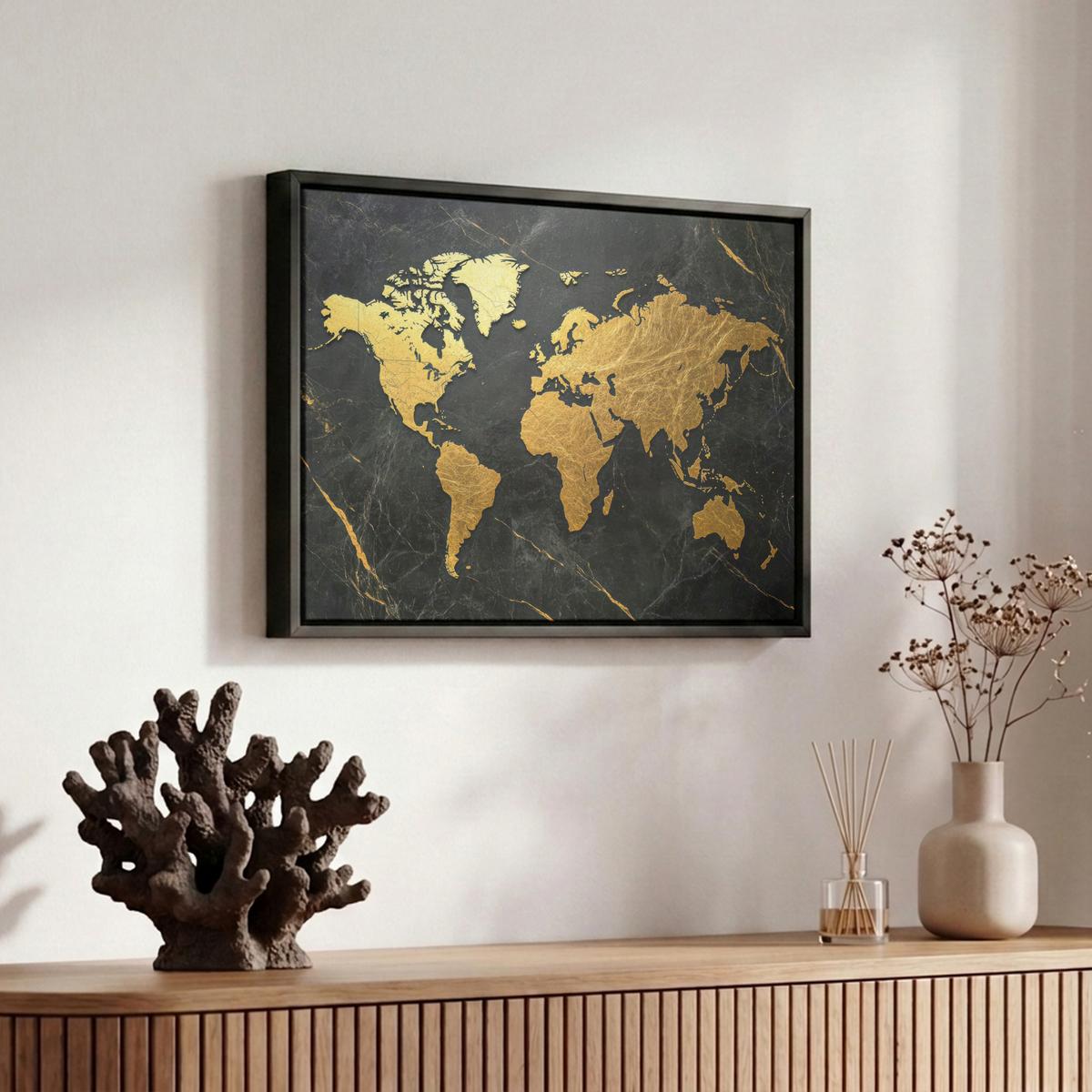 LEINWAND Bilder mit Rahmen - Weltkarte - Gold - Marmor - 30x20 - Goldfarben, Textil (30/20cm) - MuchoWow