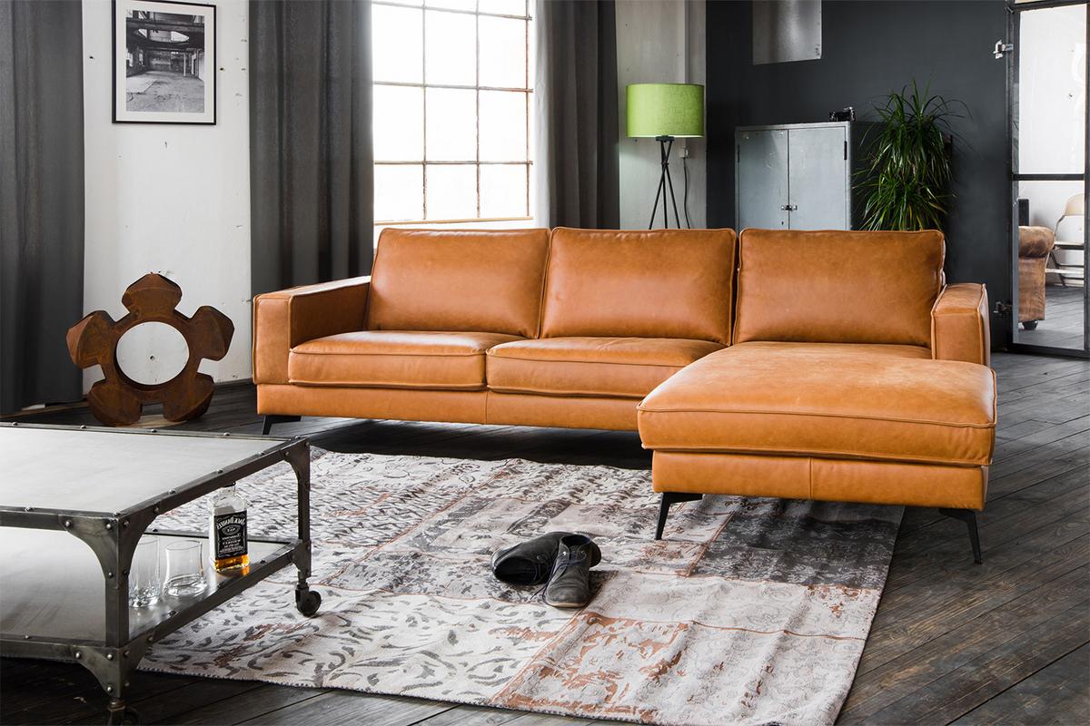 ECKSOFA BLOOM Braun Leder - Schwarz/Braun, Leder/Metall (276/177cm) - KAWOLA