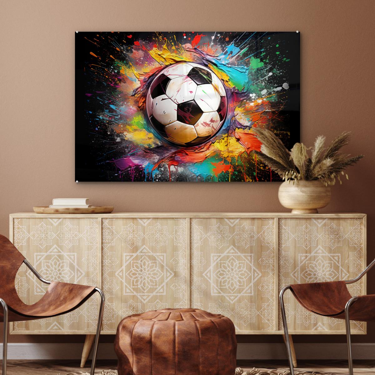 ACRYLGLASBILD Fußball - Farbe - Farben - Schwarz - Weiß Room Decor 90x60 cm - Weiß, Glas (90/60cm) - MuchoWow