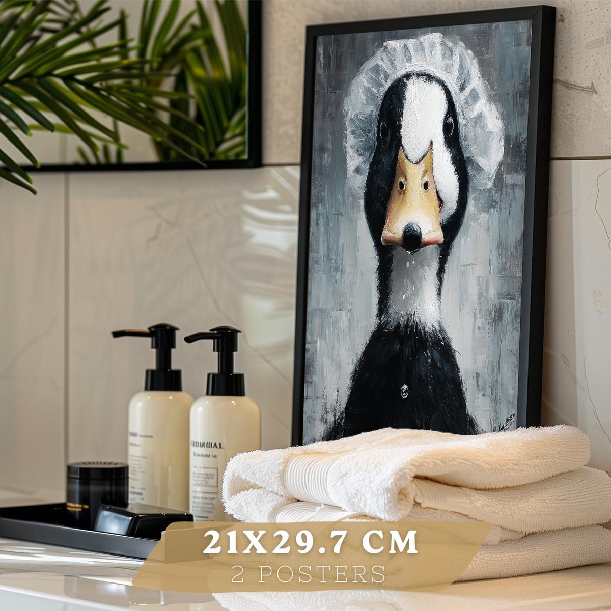 POSTER 2er-Set dekorative Badezimmer-Kunstdrucke, lustige für Wand, Waschbecken, Toilette und mit Tieren in der Badewanner, Stil Schwarzer Rahmen A4 - Schwarz, Papier (29.7/21/3cm) - Nacnic