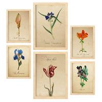 POSTER Set Mit 6 Blaue Blumen Vollfarbige Natur Und Botanikdrucke Mit Blumenmotiven Im Vintage Papier Stil A3 & A4 Rahmen Aus Hellem Holz - Beige, Papier (29/3cm) - Nacnic