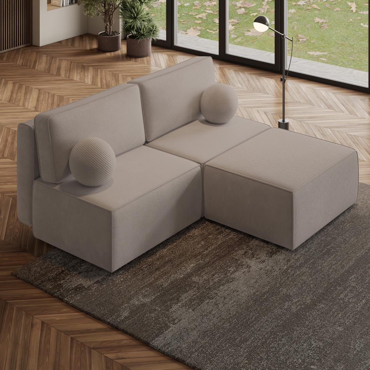 ECKSOFA VARNA P Beige Kordstoff mit Schlaffunktion - Beige/Grau, Holz/Kunststoff (196/158cm) - MASSENO