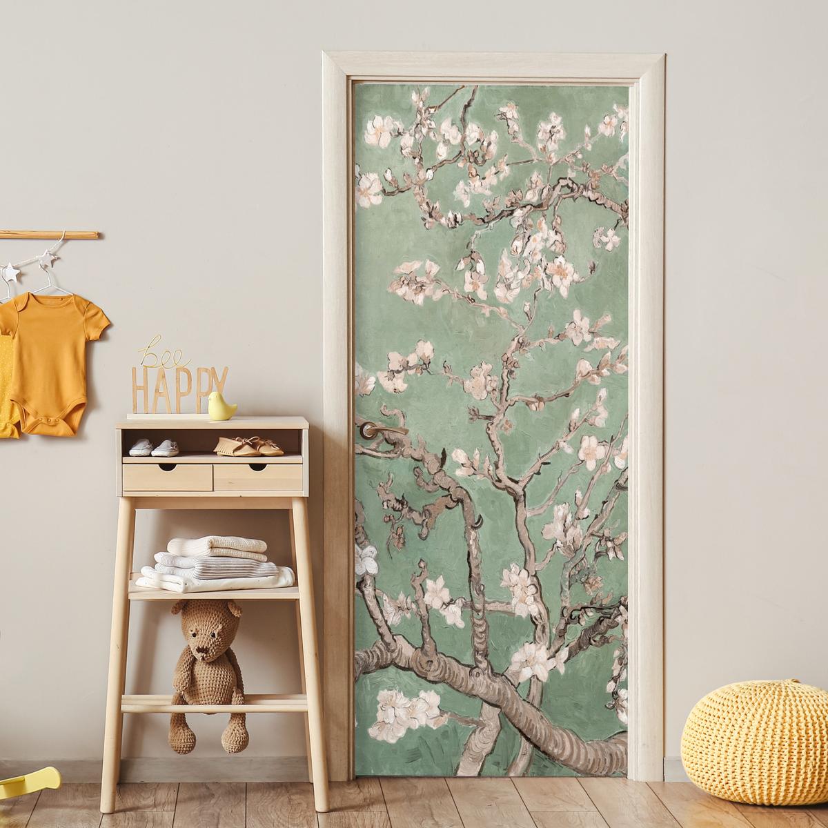 TÜRAUFKLEBER Selbstklebend - Mandelblüte - Kunst - Van Gogh - Grün 95x215 cm - Türtapete - Salbeigrün, Kunststoff (95/215cm) - MuchoWow