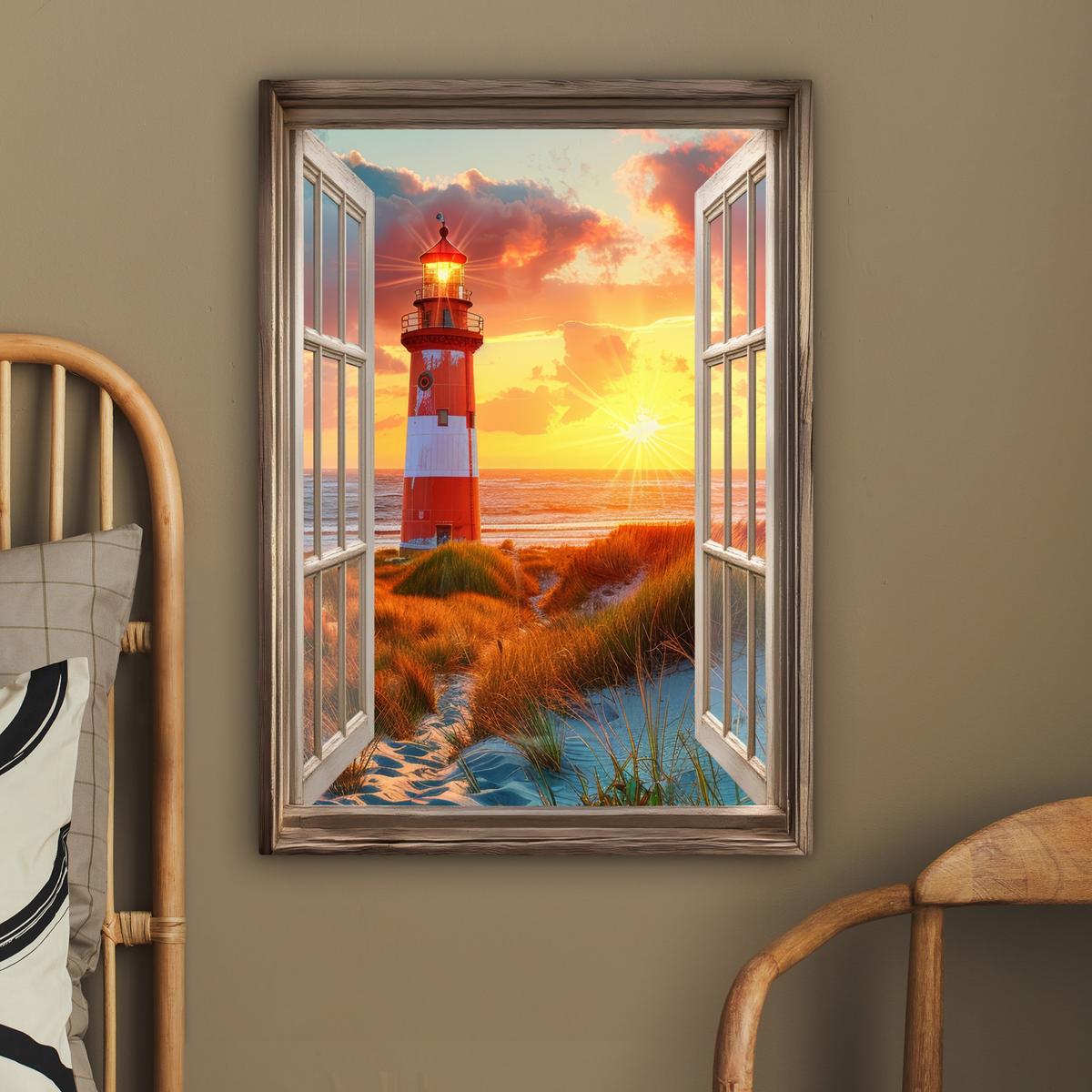 LEINWANDBILD Aussicht - Fenster - Leuchtturm - Sonnenuntergang - Strand Wandbild Wohnzimmer 60x80 cm - Dunkelorange, Textil (60/80cm) - MuchoWow