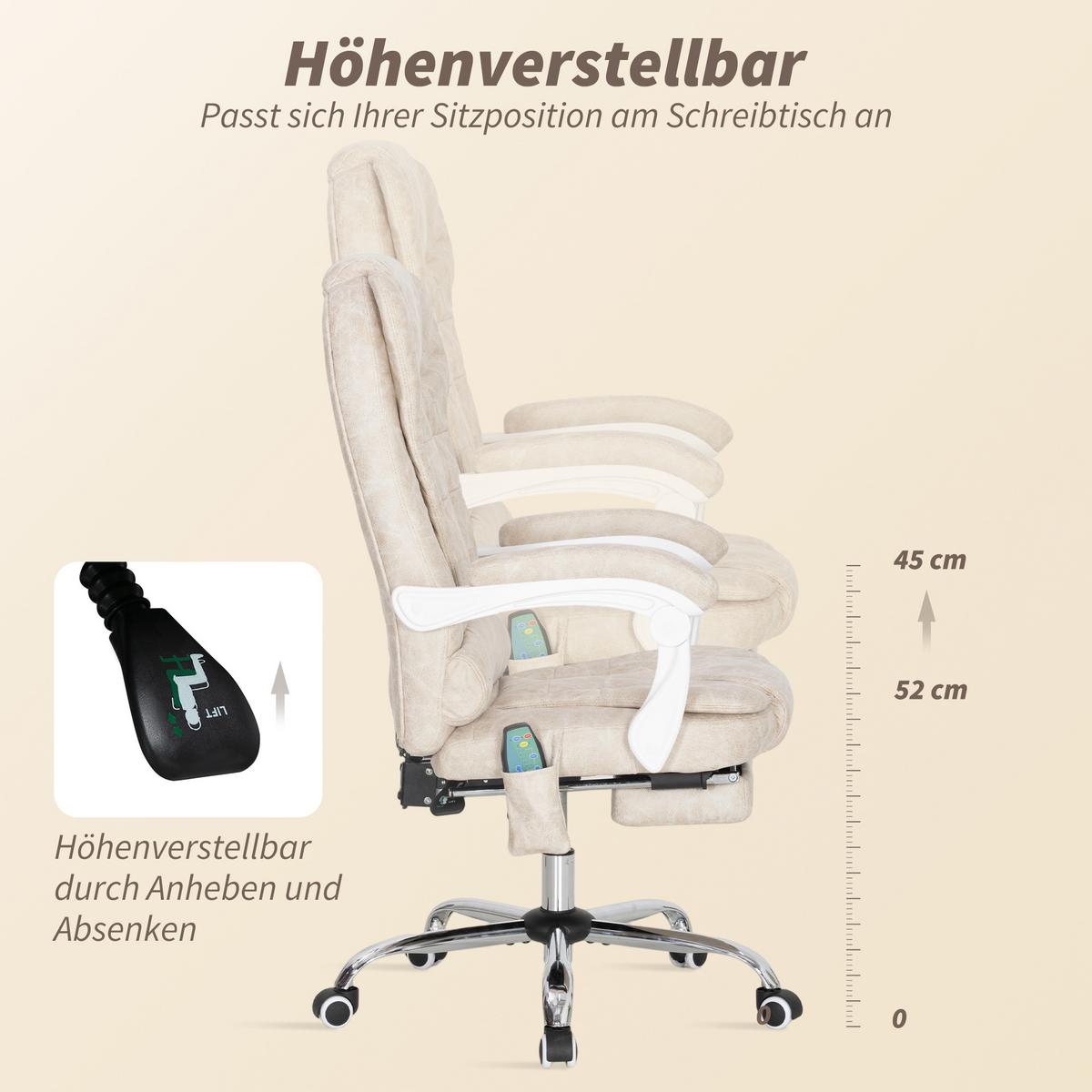 BÜROSTUHL mit Massagefunktion, Ergonomisch Schreibtischstuhl mit Liegefunktion - Silberfarben/Creme, Kunststoff/Textil (70/119/65cm) - Vinsetto