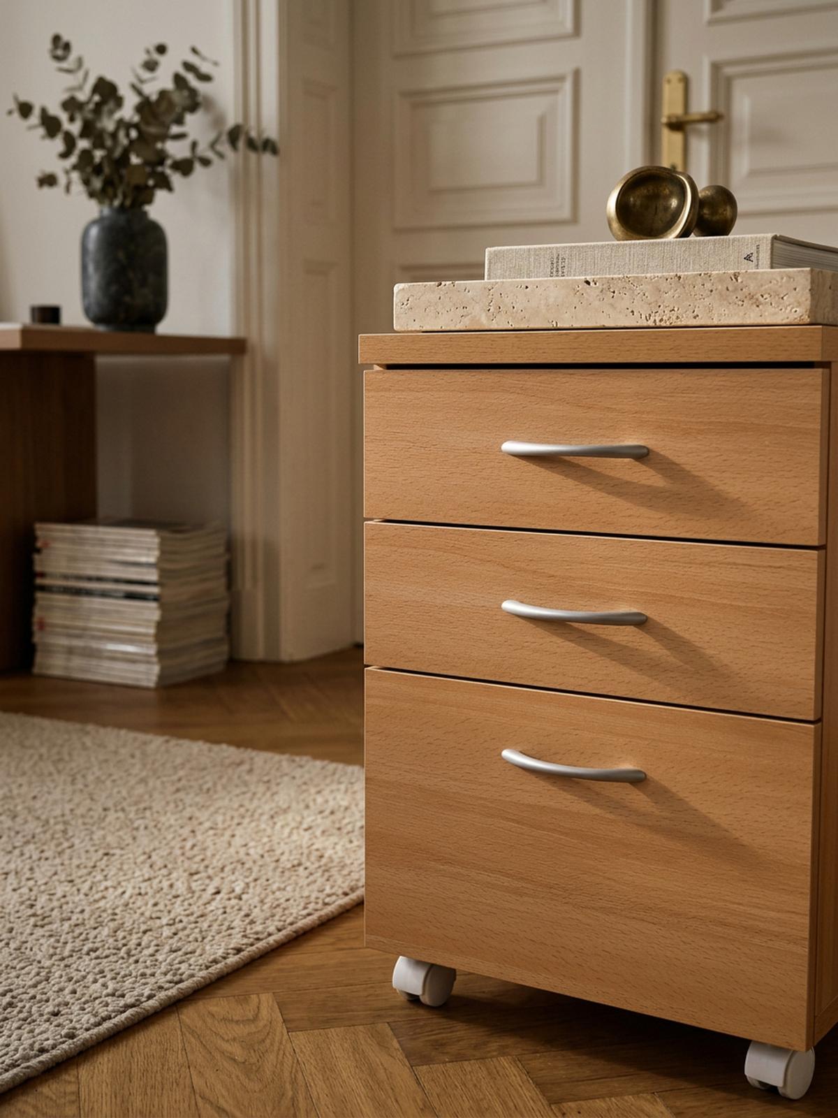 ROLLCONTAINER – Buche, 60 cm hoch, 3 Schubladen, Aluminiumgriffe, Rollen - Braun/Weiß, Holz/Kunststoff (45/60/40cm) - KADIMA DESIGN
