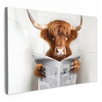LEINWANDBILD Schottischer Highlander - Tier - Zeitung - Toilette Wohnzimmer Groß 120x80 cm - Kastanienfarben, Textil (120/80cm) - MuchoWow
