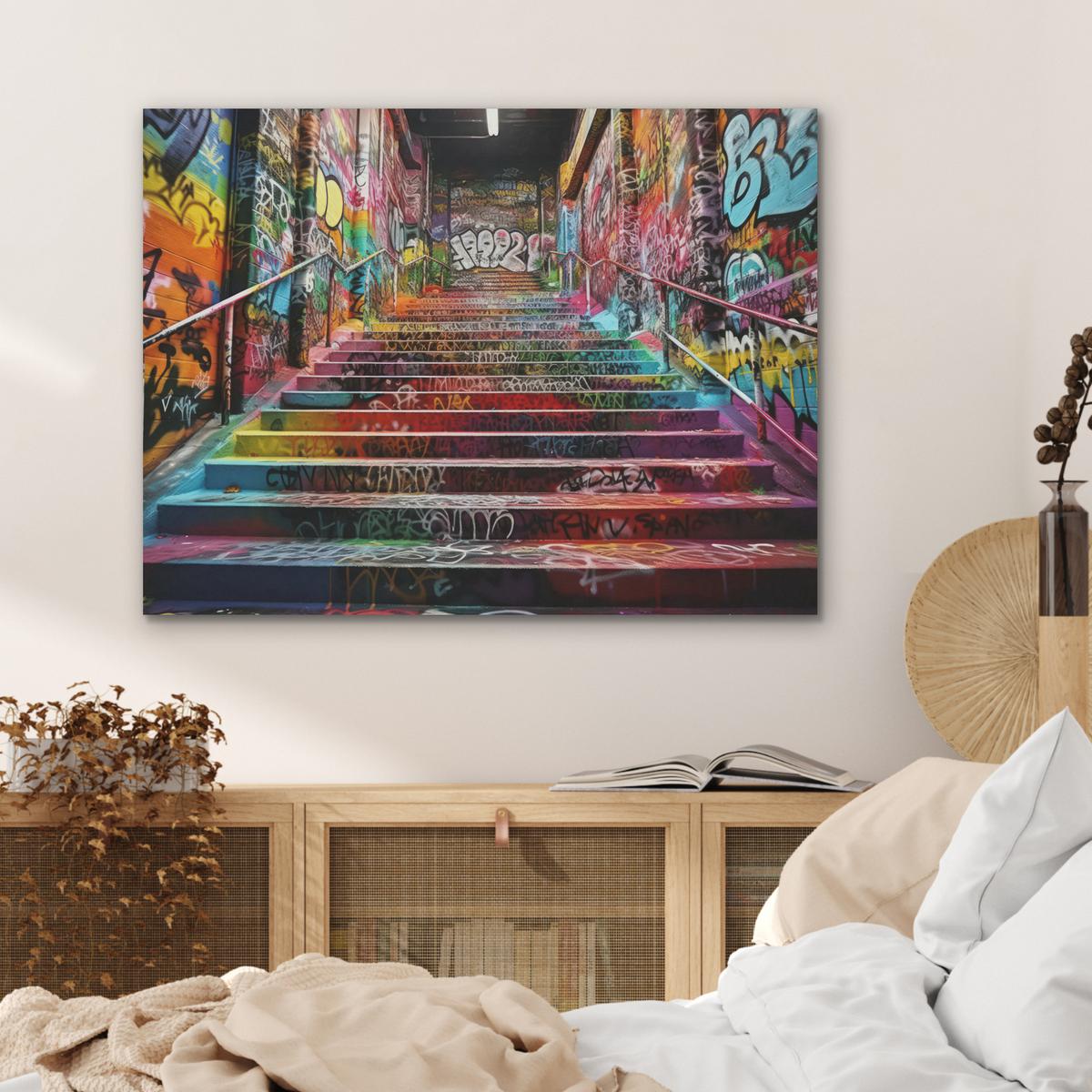 AKUSTIKBILD Treppe - Graffiti - Farben - Kunst Gemälde 80x60 cm - Multicolor, Kunststoff (80/60/0.9cm) - MuchoWow