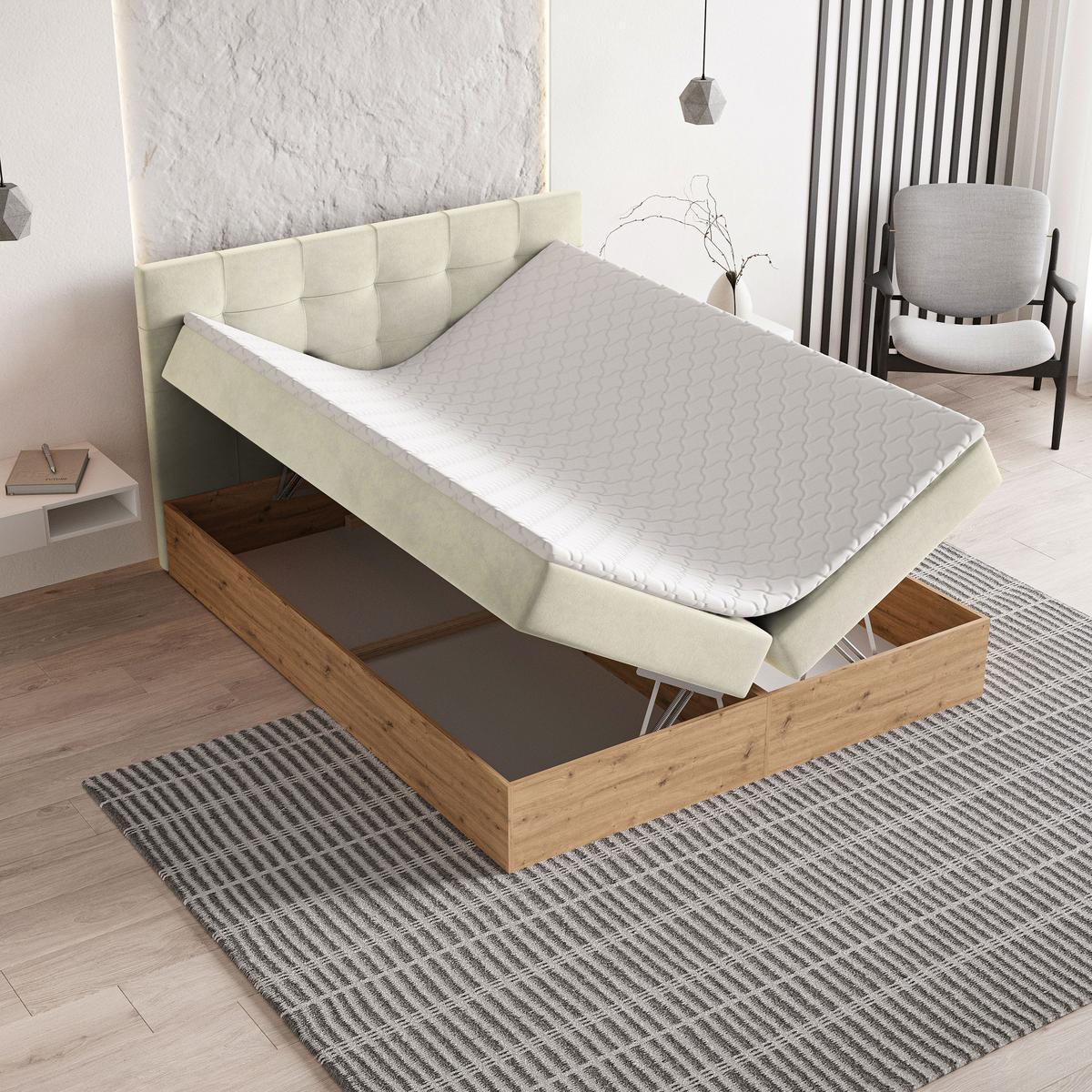 BOXBETT MOLVEN 140x200 cm mit Matratze und Topper - Creme - Creme, Holz (140/200cm) - MASSENO