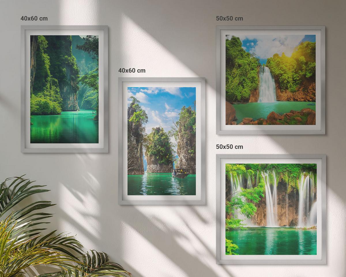 BILDER SET 4er Set - 50x50 cm & 40x60 cm Silberner Rahmen - Grüne Landschaften, Wasserfälle - Silberfarben, Kunststoff (50/50cm) - TULUP