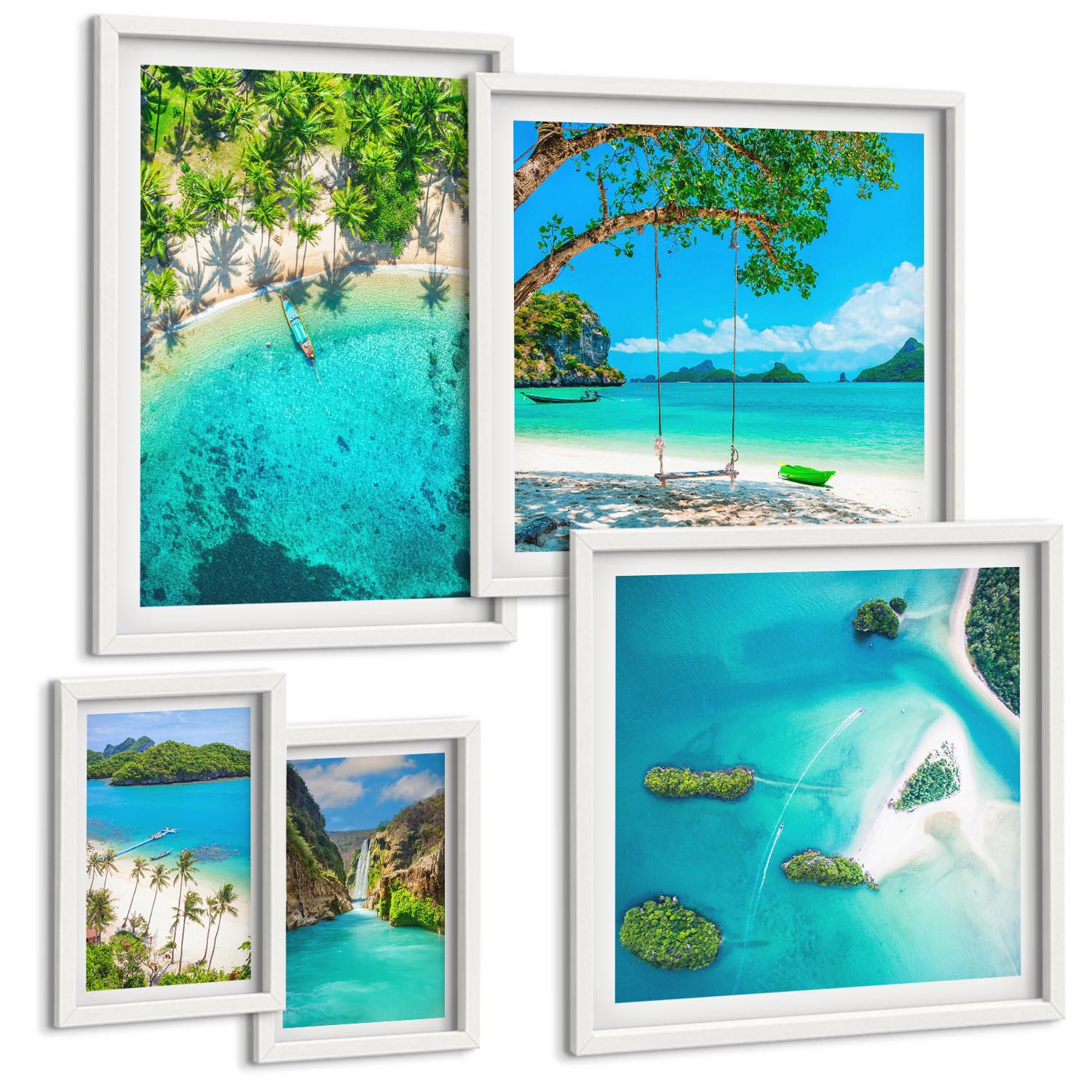 BILDER SET 5er Set - 50x50 cm & 20x30 cm & 40x60 cm Weißer Rahmen - Strände, Palmen, kristallklares Wasser - Weiß, Kunststoff (40/60cm) - TULUP