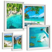 BILDER SET 5er Set - 50x50 cm & 20x30 cm & 40x60 cm Weißer Rahmen - Strände, Palmen, kristallklares Wasser - Weiß, Kunststoff (40/60cm) - TULUP