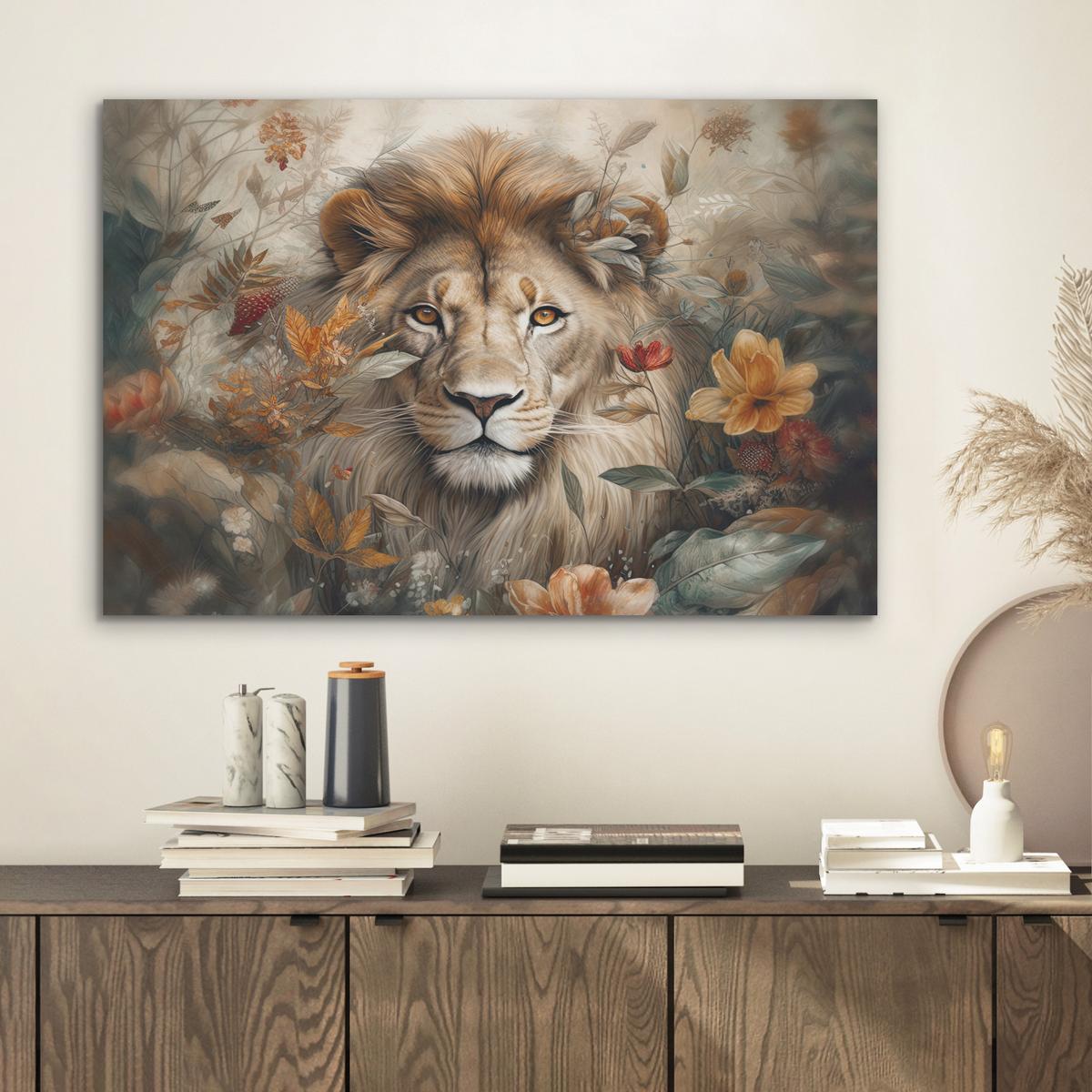 AKUSTIKBILD Löwe - Wildtiere - Pflanzen - Natur - Blumen Wanddeko 70x50 cm - Beige, Kunststoff (70/50/0.9cm) - MuchoWow