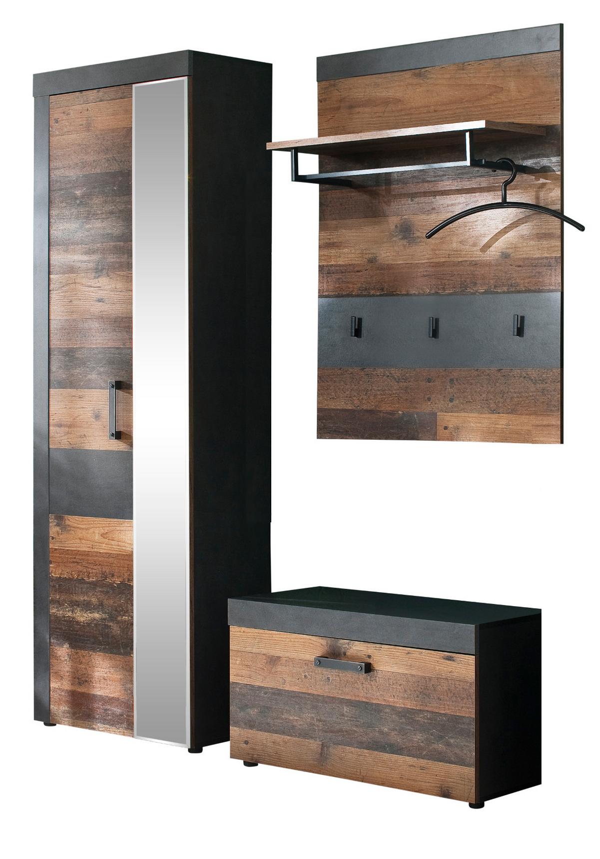 GARDEROBEN-SET 3-teilig in Old Used Wood Vintage 160 cm, Komplettset mit großem Schuhschrank - Silberfarben/Schwarz, Holzwerkstoff/Kunststoff (160/192/37cm) - Top.Furn