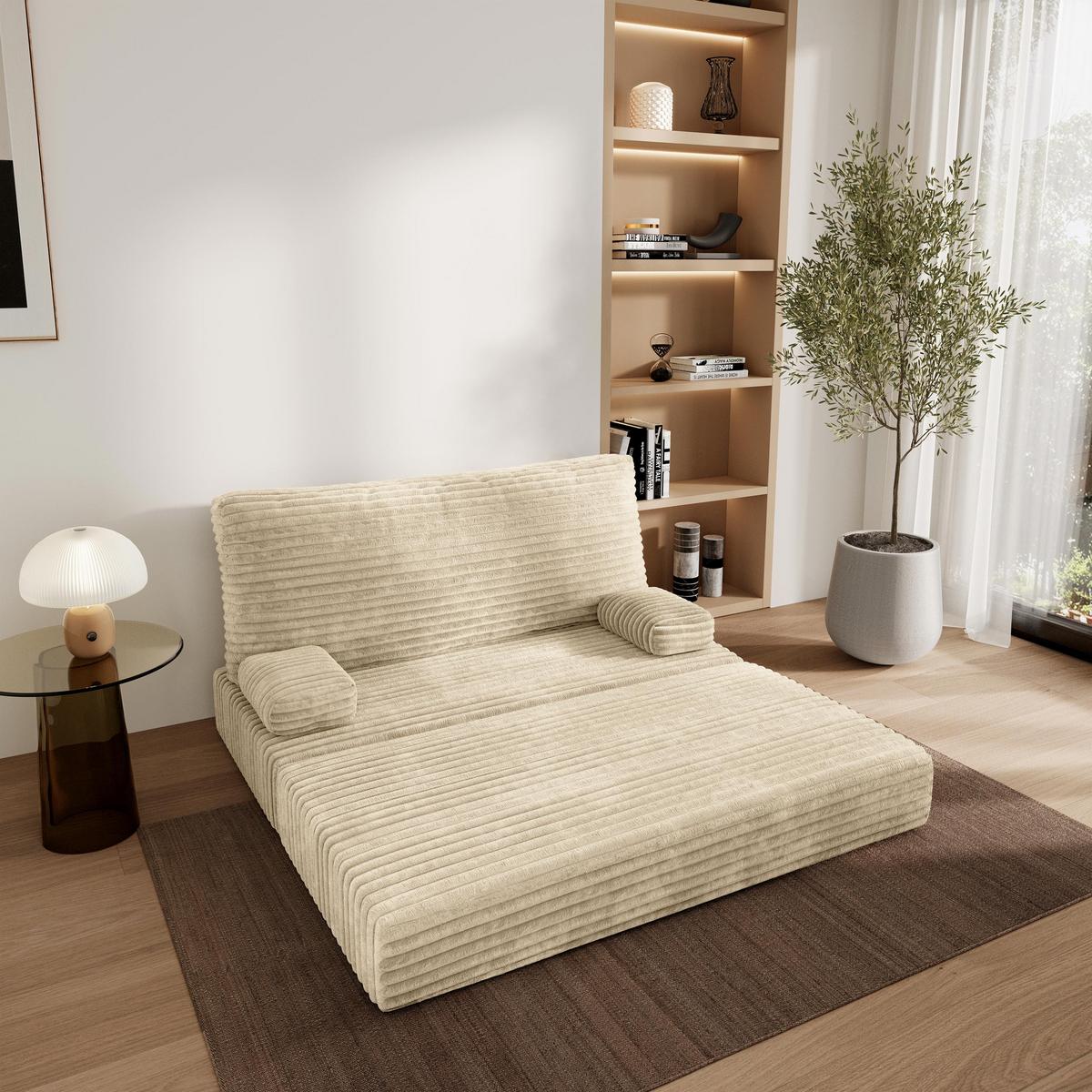BETTSOFA LADIA aus Schaumstoff Kordstoff Creme Schlaffunktion - Creme, Textil (140/86/60cm) - MASSENO