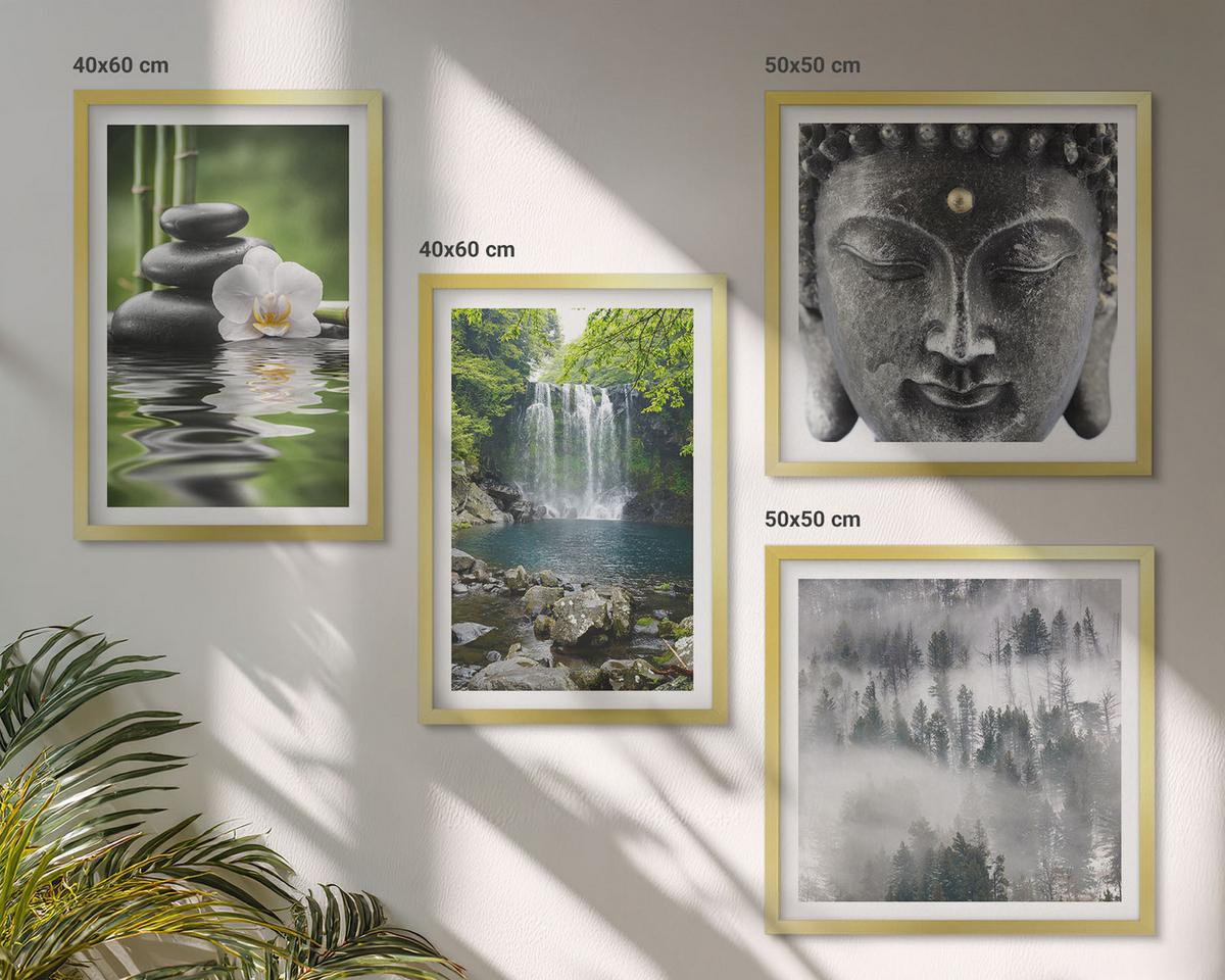 BILDER SET 4er Set - 50x50 cm & 40x60 cm Goldrahmen - Harmonie der Natur, Steine, Wasser, Buddha - Goldfarben, Kunststoff (50/50cm) - TULUP