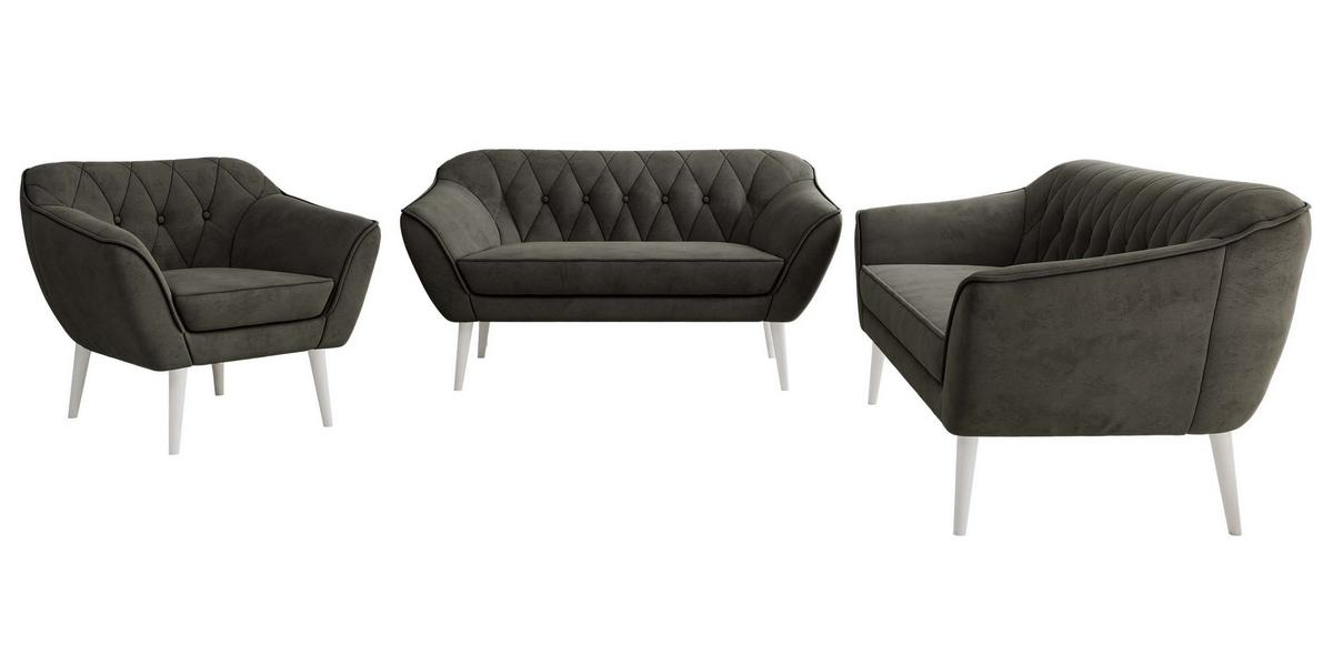 SITZGARNITUR PIRS 3+2+1 - Dunkelgrau Velvet - Weiße Beine - Dunkelgrau/Weiß, Holzwerkstoff/Textil (180/75/74cm) - MKS