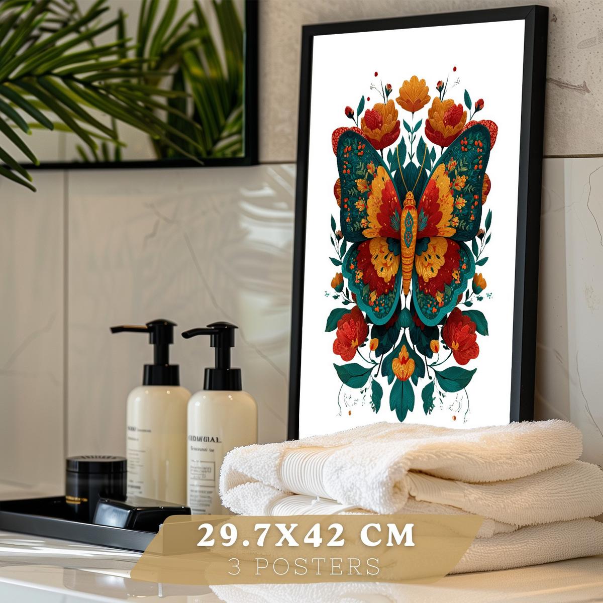 POSTER 3er-Set dekorative Badezimmer-Kunstdrucke, farbenfrohe im Stil der Volkskunst, Toilette mit Hahn, Schmetterling und Vögeln Schwarzer Rahmen A3 - Schwarz, Papier (42/29.7/3cm) - Nacnic