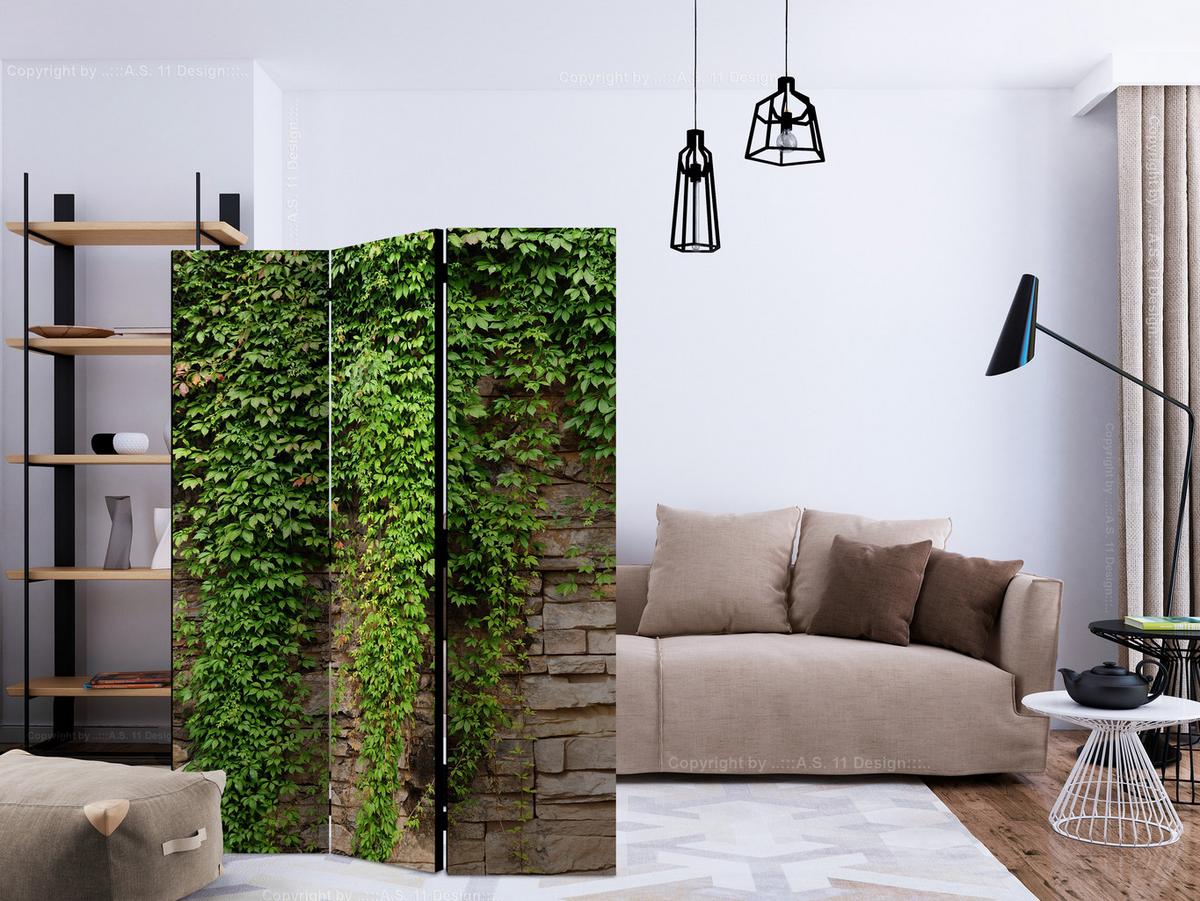 PARAVENT Einseitig Bedruckter 3-tlg 135x172 cm Mauer Mit Bl ttern - Grün, Holz/Textil (135/172/3cm) - Muralo