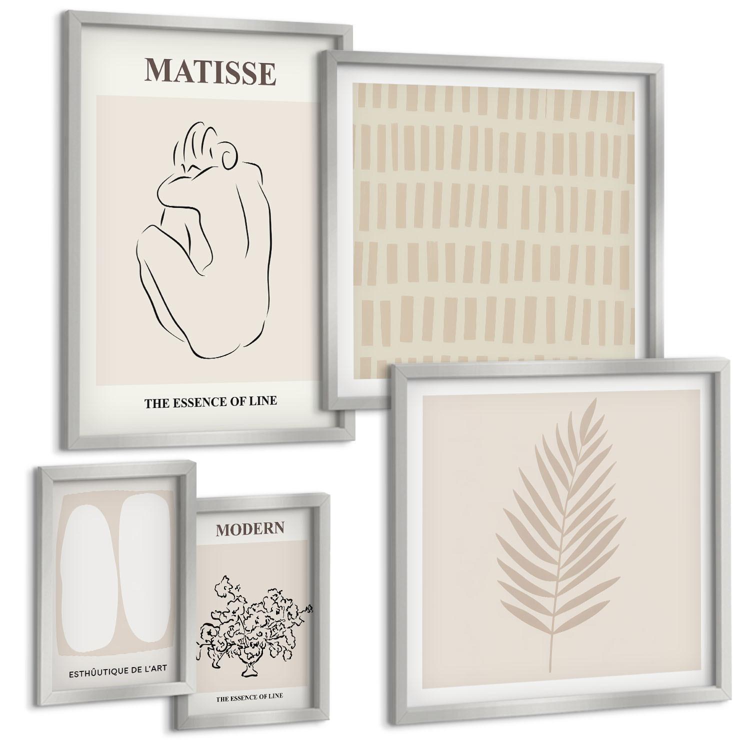 BILDER SET 5er Set - 50x50 cm & 20x30 cm & 40x60 cm Silberner Rahmen - Linien, Formen, Beige, Weiß - Silberfarben, Kunststoff (40/60cm) - TULUP