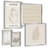 BILDER SET 5er Set - 50x50 cm & 20x30 cm & 40x60 cm Silberner Rahmen - Linien, Formen, Beige, Weiß - Silberfarben, Kunststoff (40/60cm) - TULUP