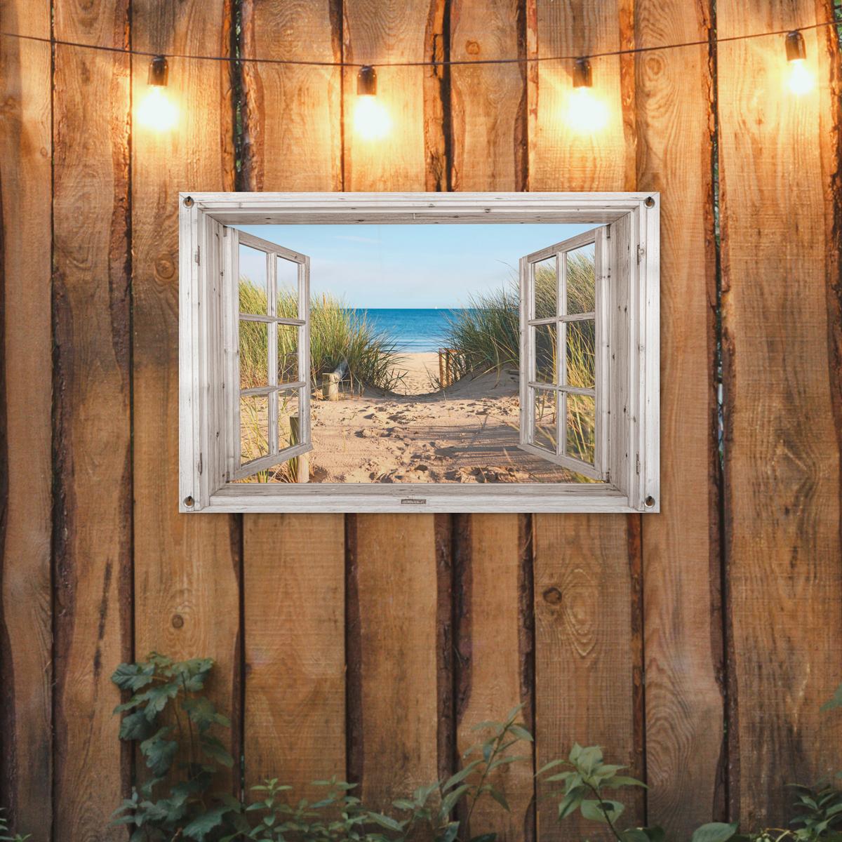 GARTENPOSTER Durchblick - Strand - Meer - Dünen - Sand - Wasser - Hochgras Gartendeko 90x60 cm - Sandfarben, Kunststoff (90/60/0.2cm) - OnlyWow