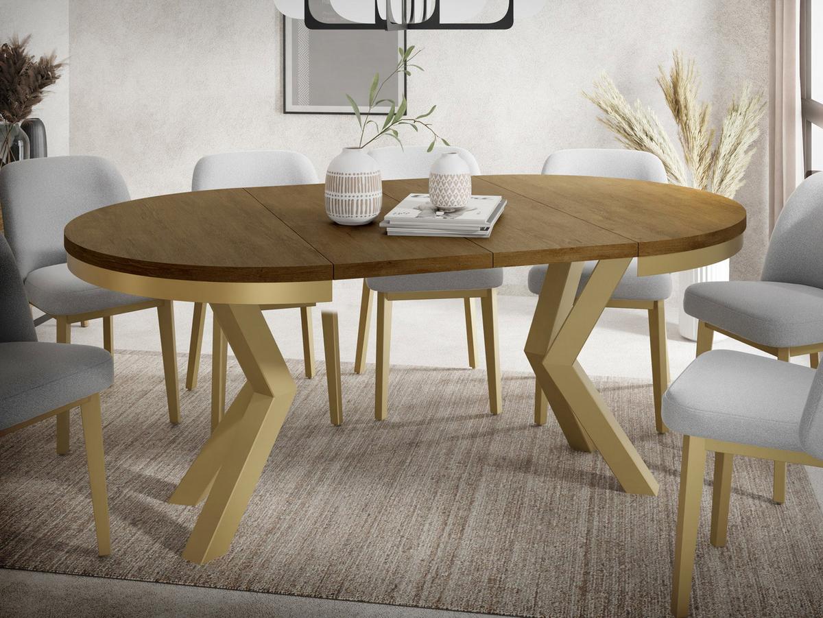 ESSTISCH Clara Gold runder ausziehbarer, Lefkas Eiche 120-200/120/76 cm - Alteiche/Goldfarben, Holzwerkstoff/Metall (120/196/76cm) - WFL GROUP
