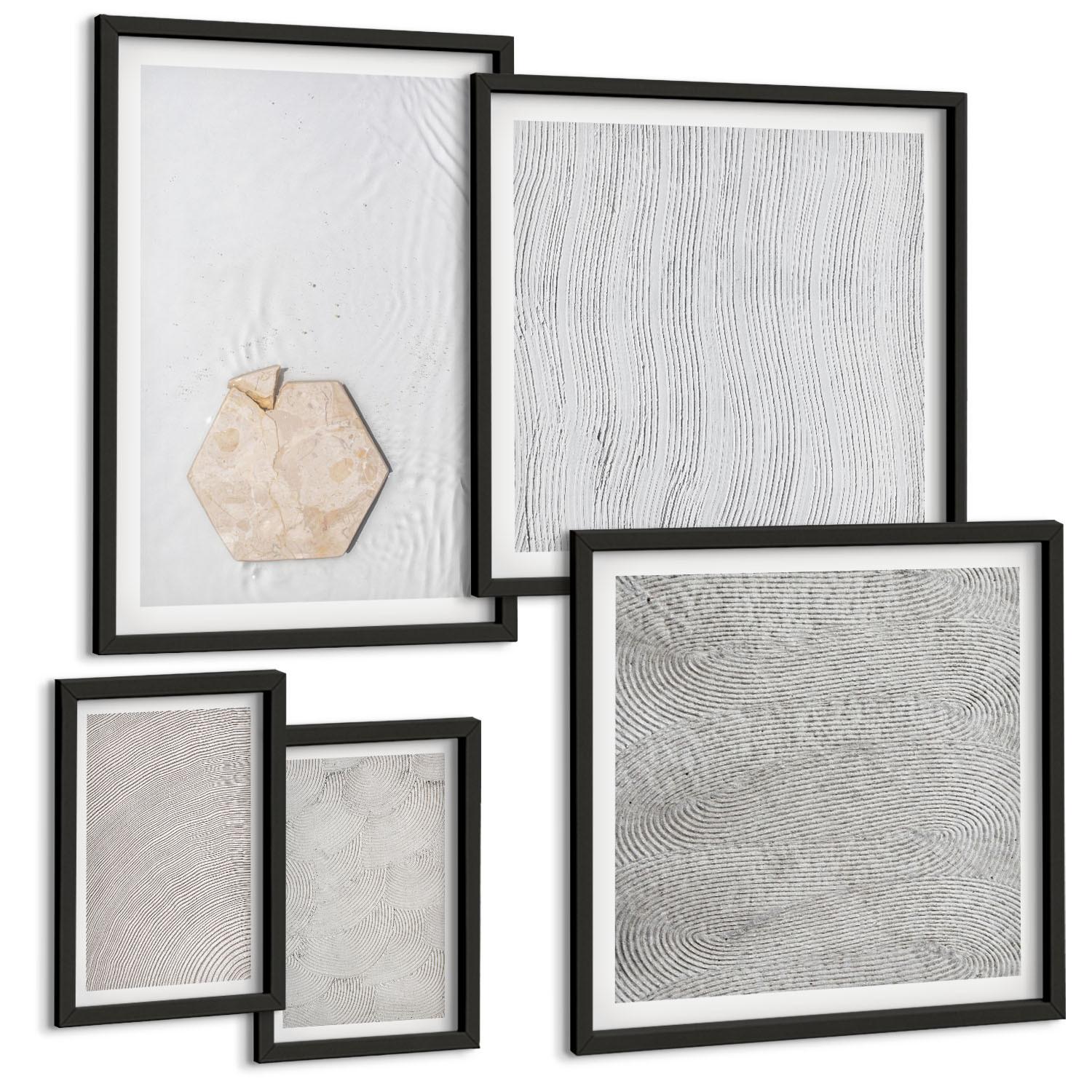 BILDER SET 5er Set - 50x50 cm & 20x30 cm & 40x60 cm Schwarzer Rahmen - Leichte Boho-Sandtexturen - Schwarz, Kunststoff (40/60cm) - TULUP
