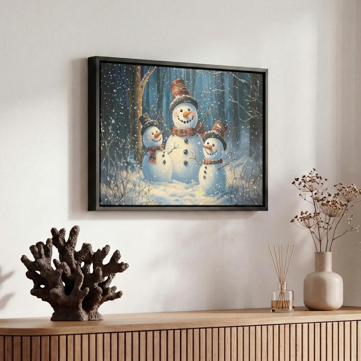 LEINWAND Bilder mit Rahmen - Schneemann - Schnee - Winter - Wald - 30x20 - Hellblau, Textil (30/20cm) - MuchoWow