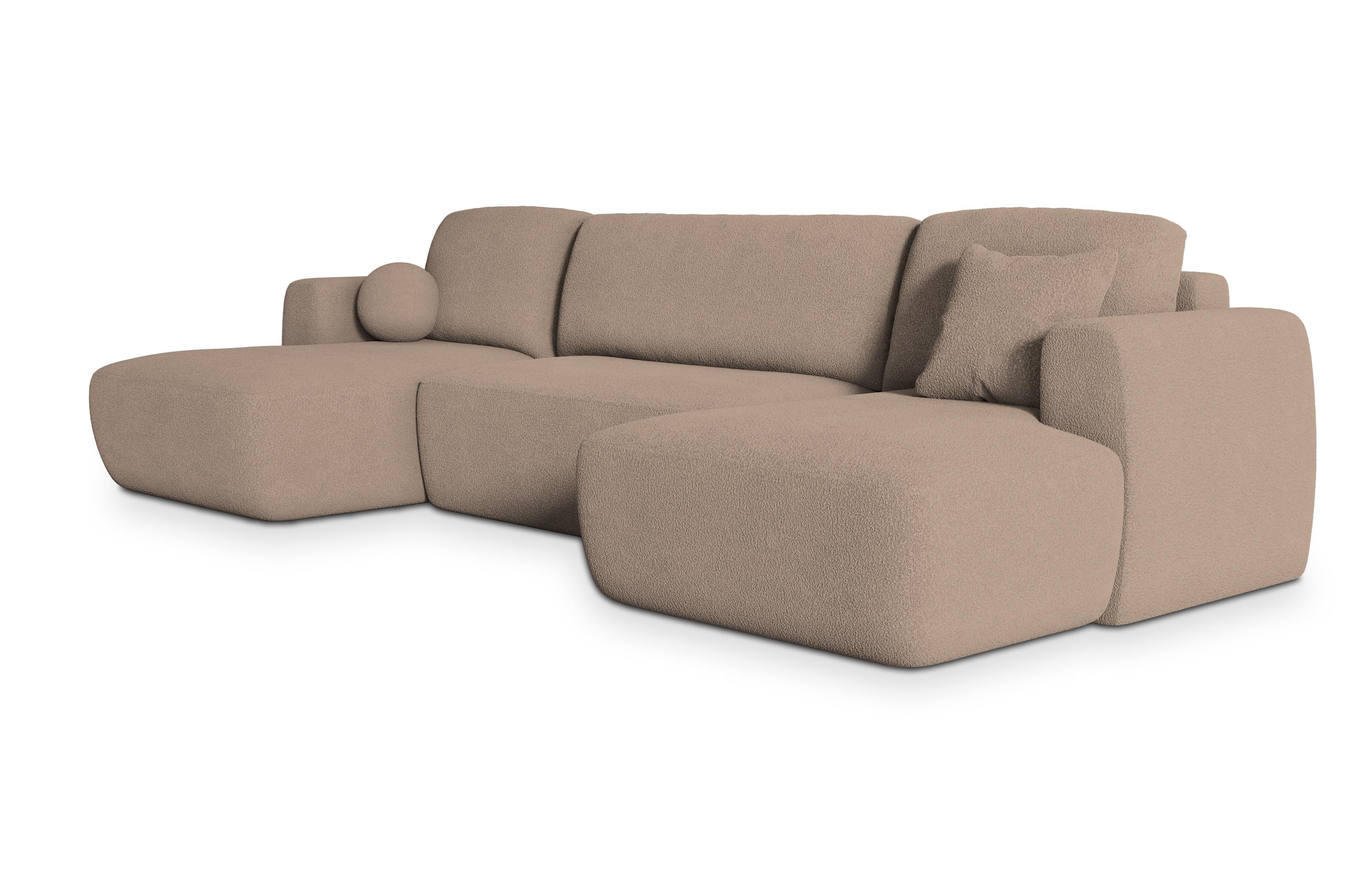 WOHNLANDSCHAFT SENTUM N Beige Boucle-Stoff mit Schlaffunktion - Beige/Schwarz, Holz/Kunststoff (330/90/148cm) - MASSENO