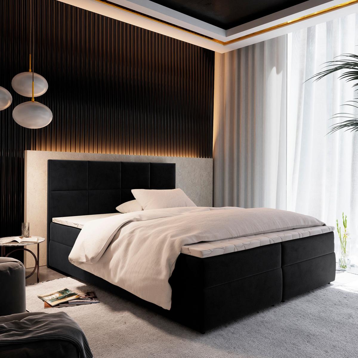 BOXBETT LENA 180x200 cm mit Matratze und Topper - Schwarz - Schwarz, Holz (180/200cm) - MASSENO