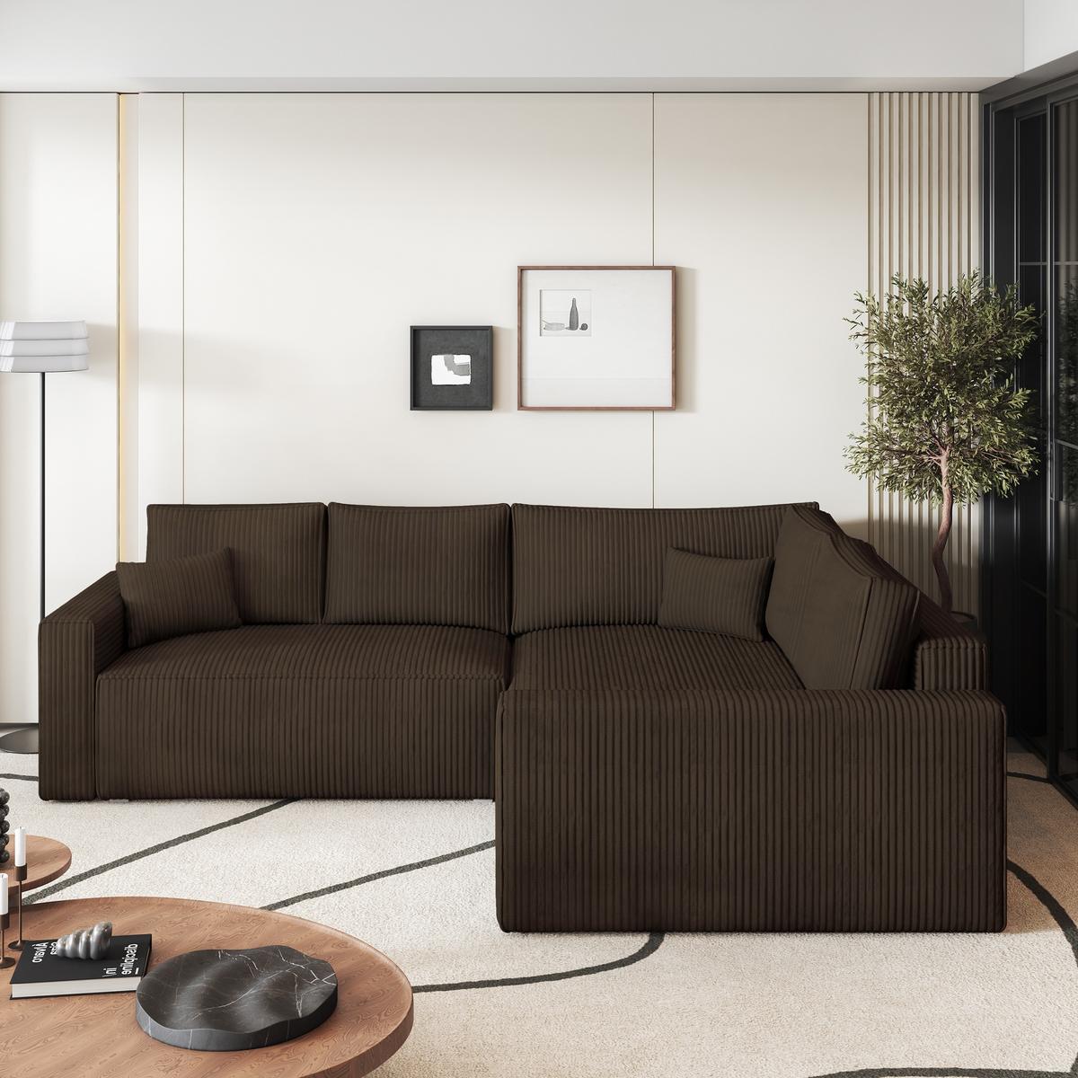 ECKSOFA ERONIS R-S Braun Kordstoff mit Schlaffunktion - Braun, Holz (265/194cm) - MASSENO