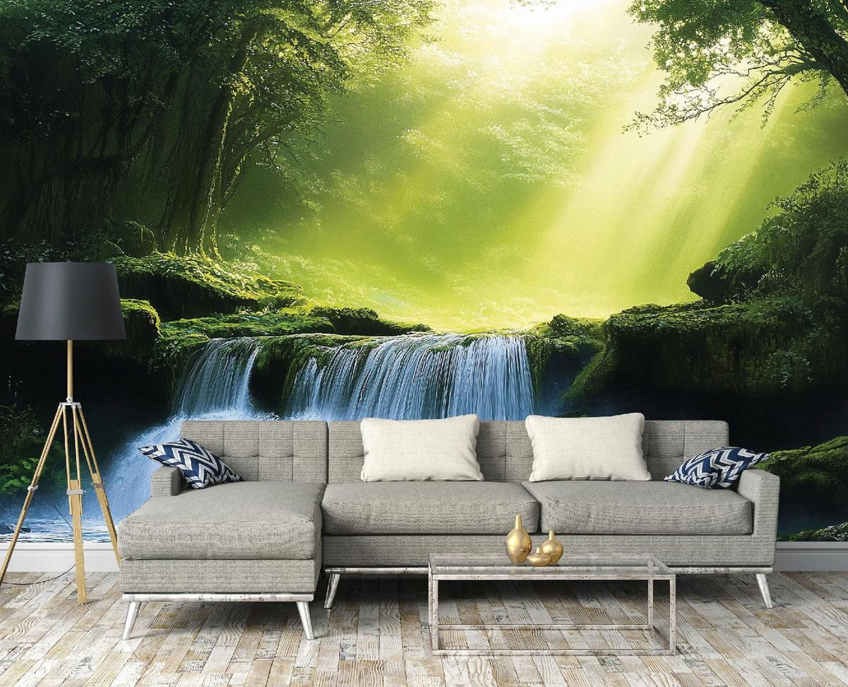 FOTOTAPETE 3D Effekt Wasserfall Wald Wohnzimmer 250x175 - Multicolor, Papier (250/175cm) - Wallarena