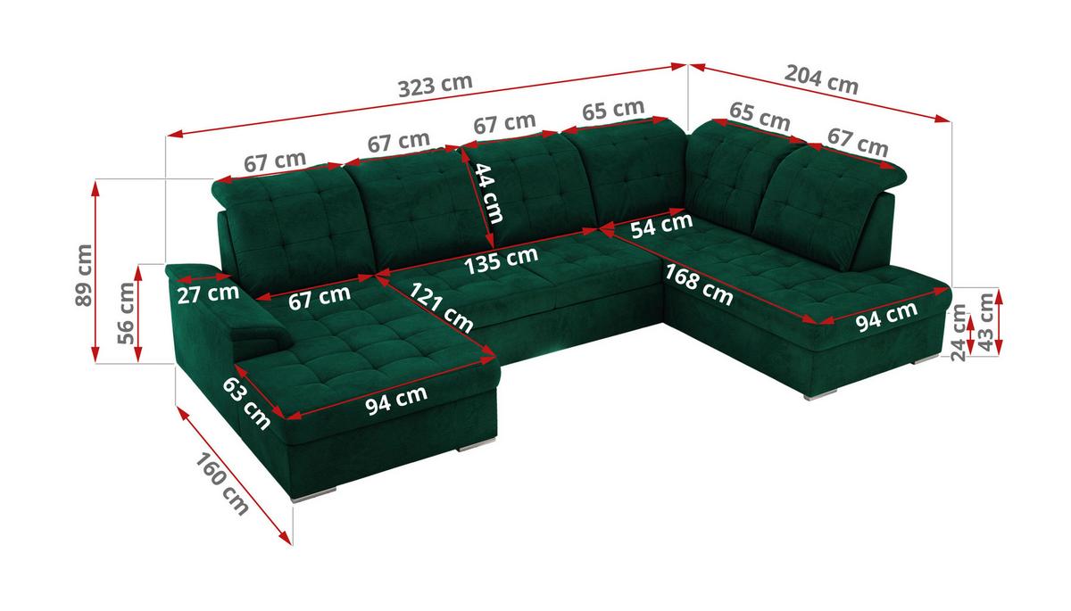 WOHNLANDSCHAFT MADRITO U - DunkelGrün Velorus - Links - Dunkelgrün/Silberfarben, Textil/Metall (204/89/323cm) - MKS