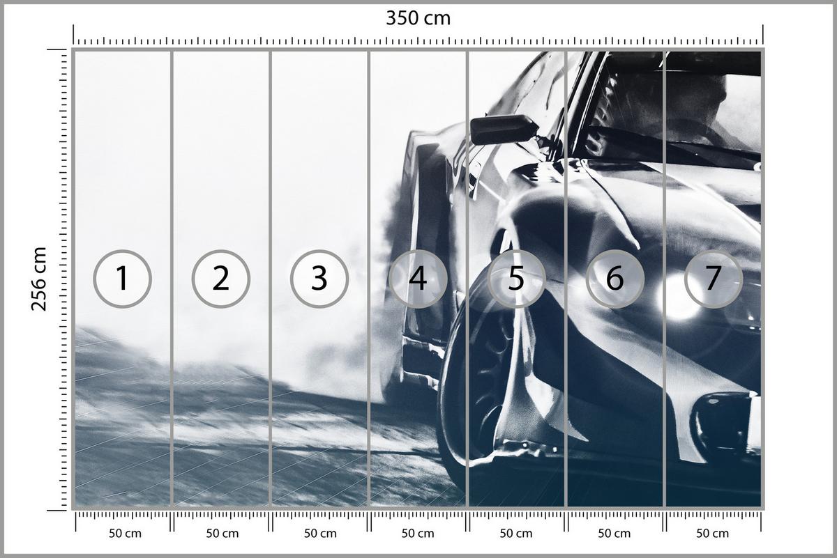 FOTOTAPETE für Jugendzimmer Drift Sportwagen Action 350x256 - Schwarz/Weiß, Papier (350/256cm) - Muralo