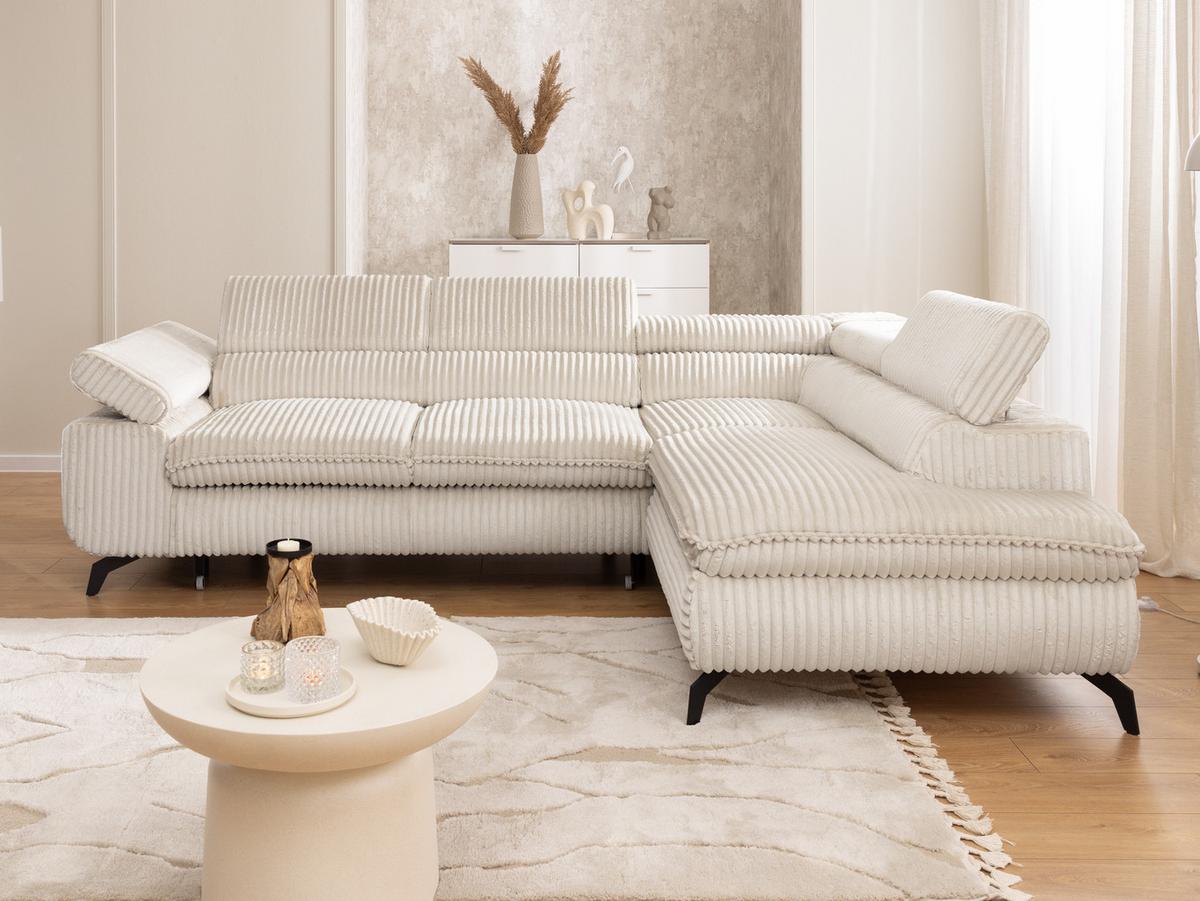ECKSOFA mit Schlaffunktion und Bettkasten Bonnie aus Creme Cord-Stoff mit verstellbaren Kopfstützen und Armlehne - Ottomane rechts - Creme/Schwarz, Holz/Textil (275/210cm) - S-Style