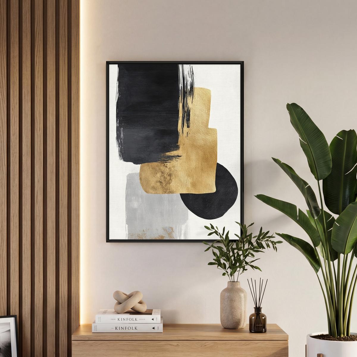 LEINWAND Bilder mit Rahmen - Gold - Rechtecke - Kreise - Abstrakt - 50x70 - Weiß, Textil (50/70cm) - MuchoWow
