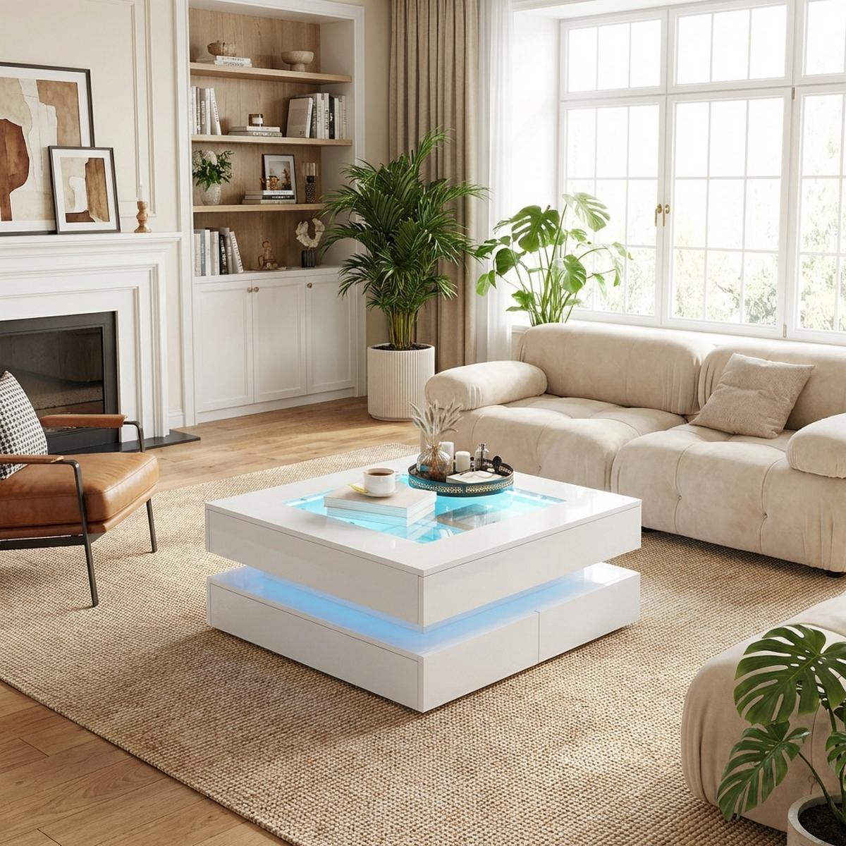COUCHTISCH 70x70 cm Weiß Hochglanz mit Glasplatte & LED - Weiß, Holzwerkstoff (70/70/35cm) - Urban Meuble