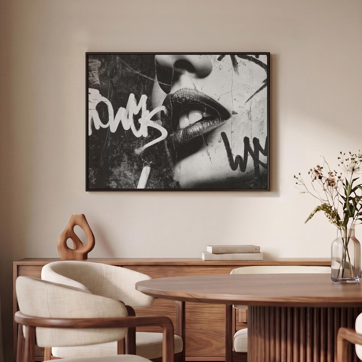 LEINWAND Bilder mit Rahmen - Gesicht - Mund - Graffiti - Schwarz - 80x60 - Schwarz, Textil (80/60cm) - MuchoWow