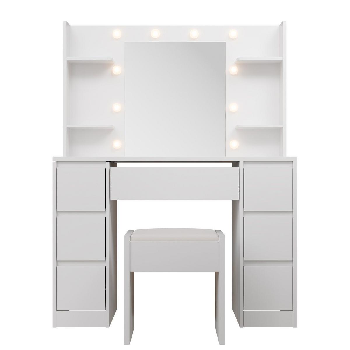 SCHMINKTISCH Malia mit LED und Hocker Melly - Weiß, Holz (107/140/40cm) - Juskys