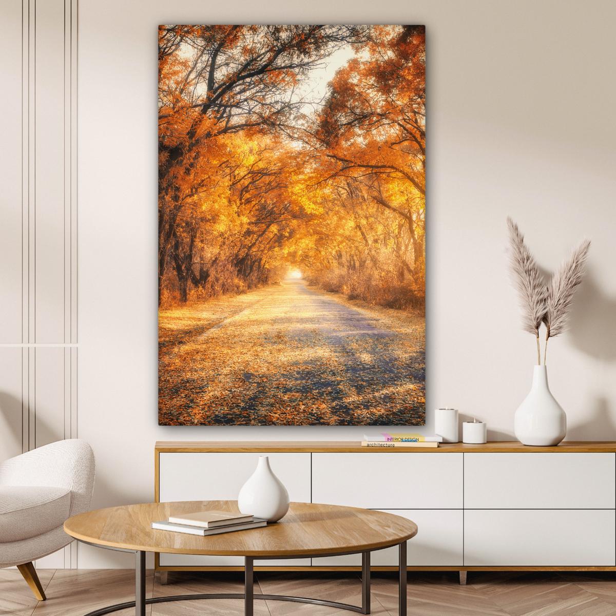 LEINWANDBILD Wald - Herbst - Bäume - Waldweg - Natur Deko Groß 90x140 cm - Bernsteinfarben, Textil (90/140cm) - MuchoWow