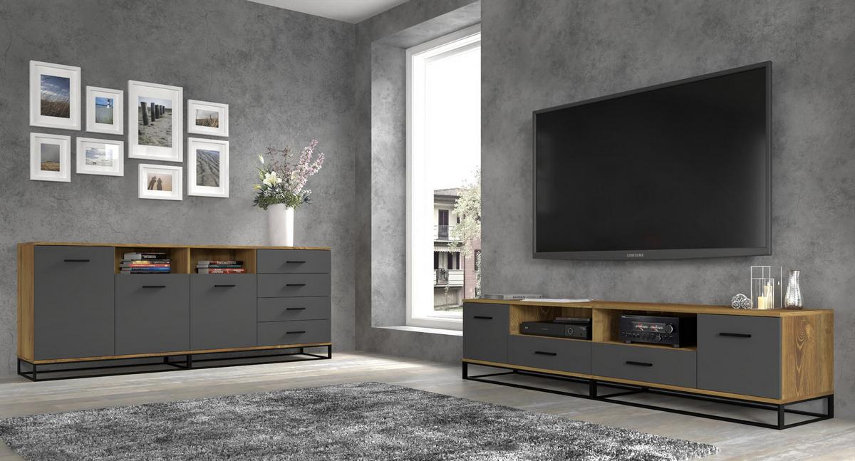 TV LOWBOARD Dunkle Eiche, Schwarz 190/45/42 - Schwarz, Holzwerkstoff (190/45/42cm) - RAUMHIRSCH FURNITURE