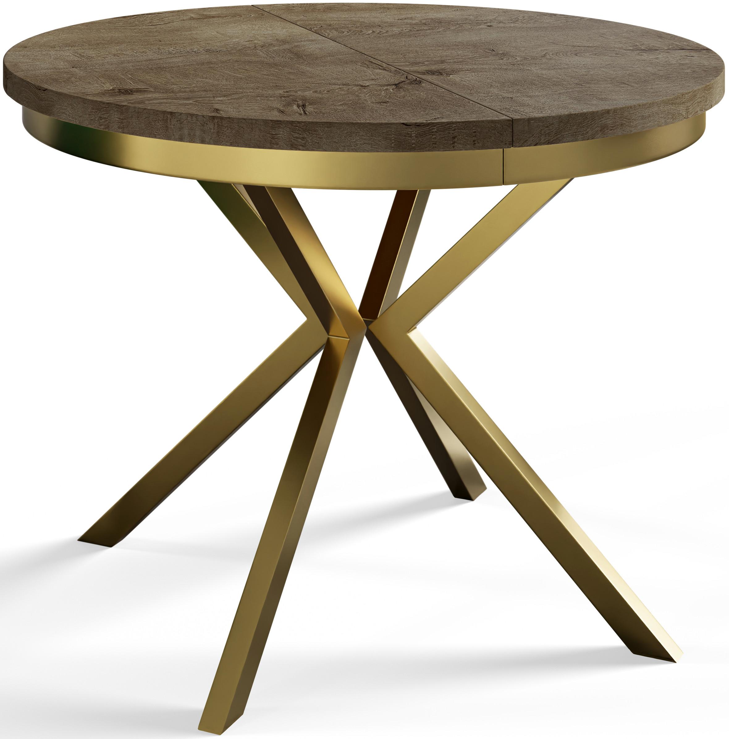 RUNDER Esszimmertisch BERGO, ausziehbarer Tisch Durchmesser: 100 cm/180 cm, Wohnzimmertisch Farbe: Grau, mit Metallbeinen in Farbe Gold - Dunkelbraun/Goldfarben, Holzwerkstoff (100/100/76cm) - Alpi-Möbel