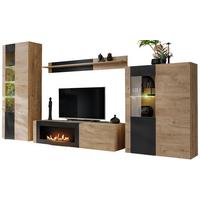 WOHNWAND Eiche, schwarz 4-teilig 350 cm, Schrankwand mit Kamin, inkl. Beleuchtung - Eichefarben/Schwarz, Glas/Holzwerkstoff (350/197/45cm) - Inn.Furn