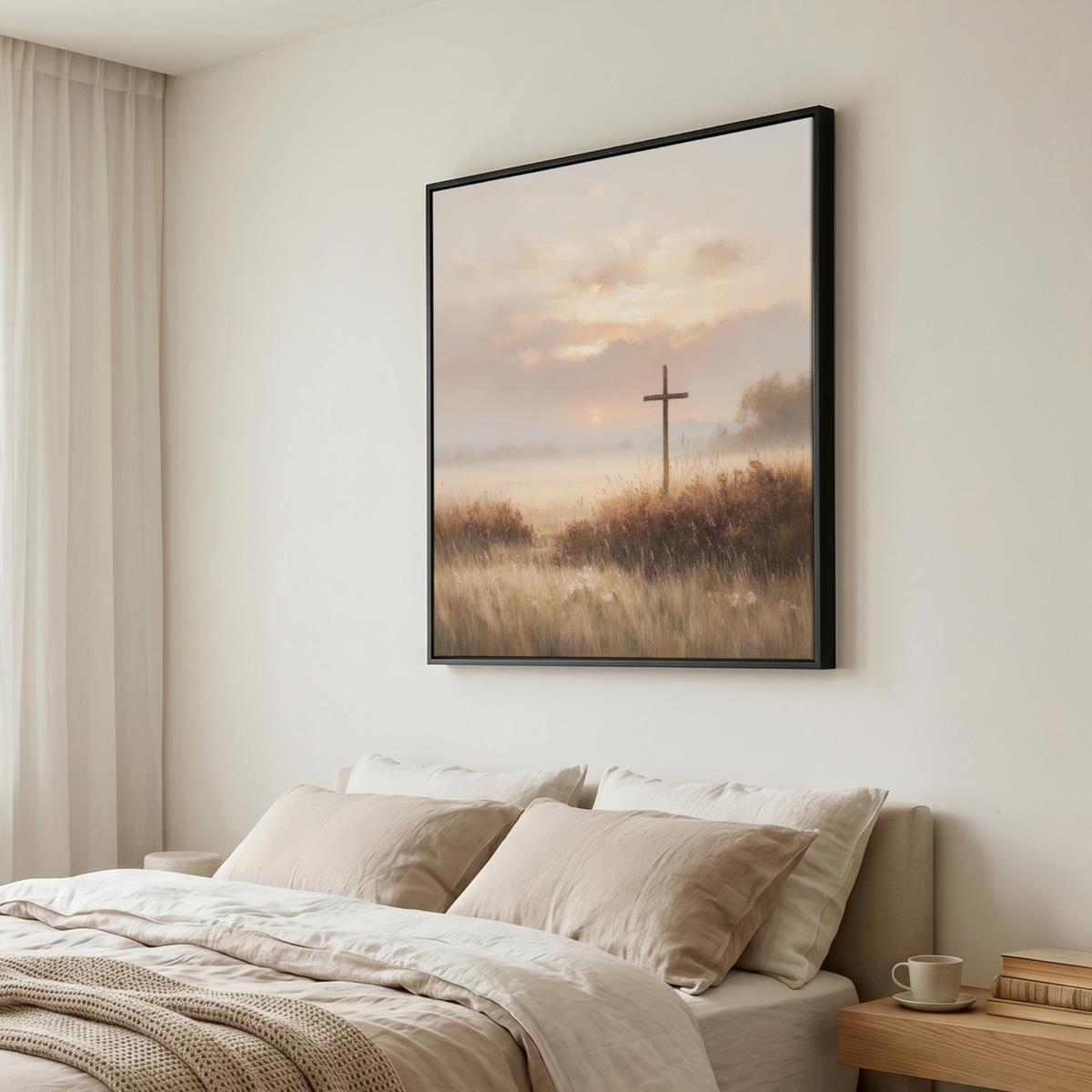 LEINWAND Bilder mit Rahmen - Gras - Morgennebel - Kreuz - Christentum - 90x90 - Beige, Textil (90/90cm) - MuchoWow